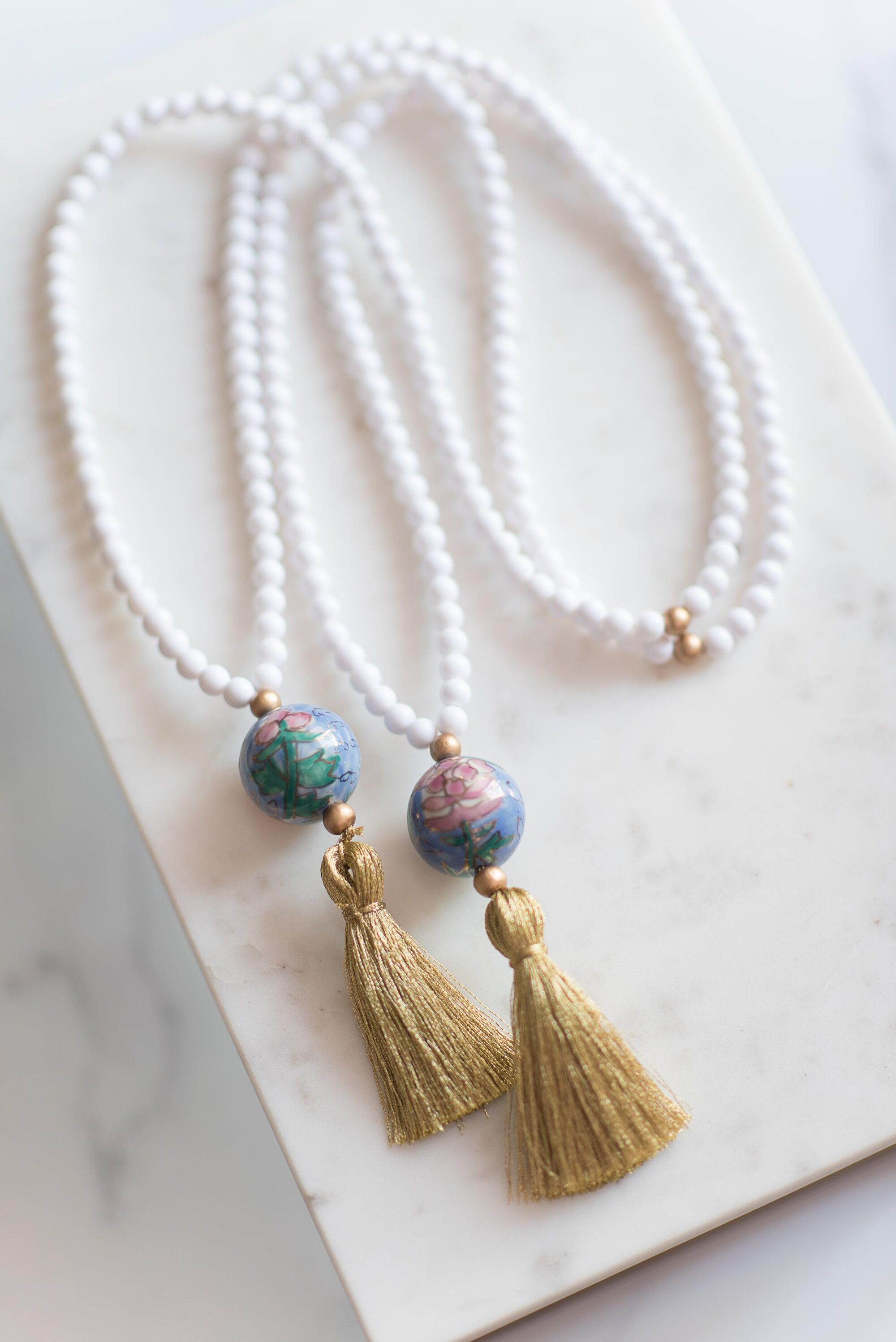 white beaded tassel necklace