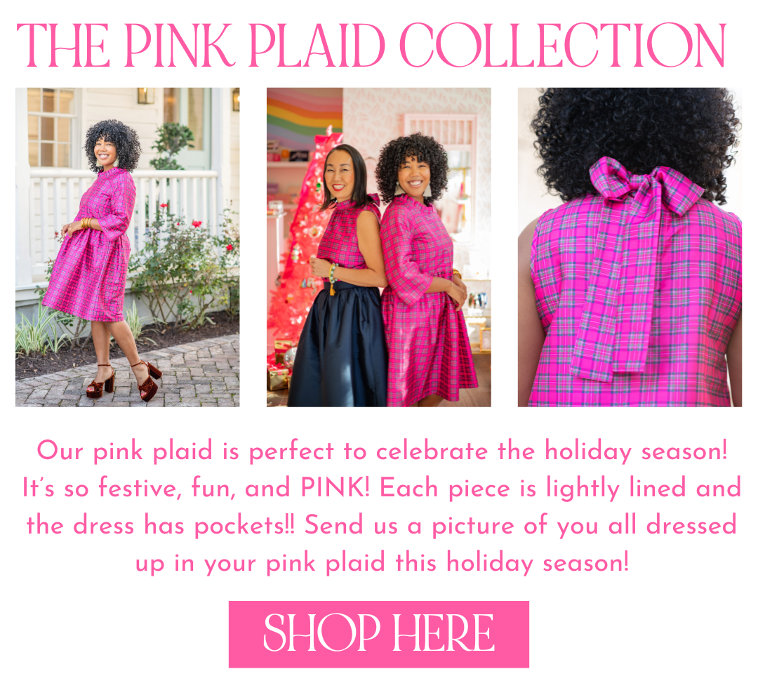 shop our pink plaid dress and bow top