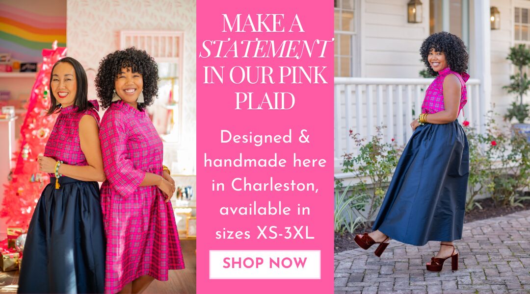 shop our pink plaid dress and bow top