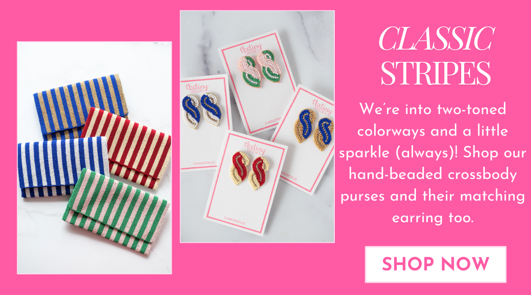 shop our classic striped purses and matching earrings